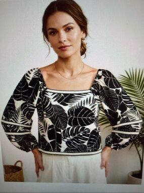 Cynthia Rowley Women's 100% Linen Black & White Leaf Print Square Neck Top M
